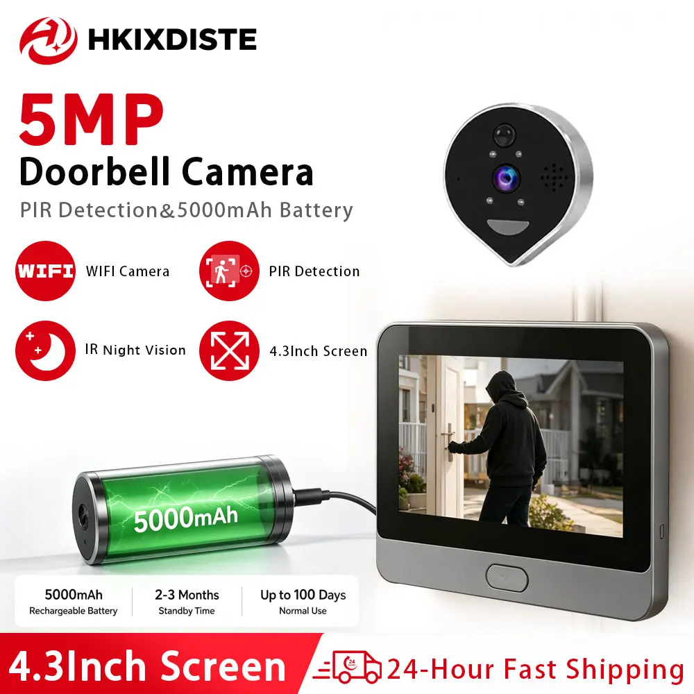 Tuya App Wireless 5MP Door Viewer Camera 4.3 Inch LCD Screen 5000mAh Battery PIR Sensor Infrared Night Vision WiFi Home Security