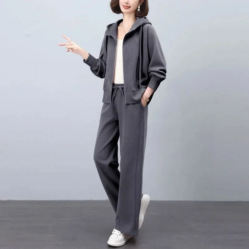 

Casual Grey Set 2025 Summer New Loose Fashion Solid Color Western Style Mom Hoodie Early Autumn Two Piece Set Female Commuter WF