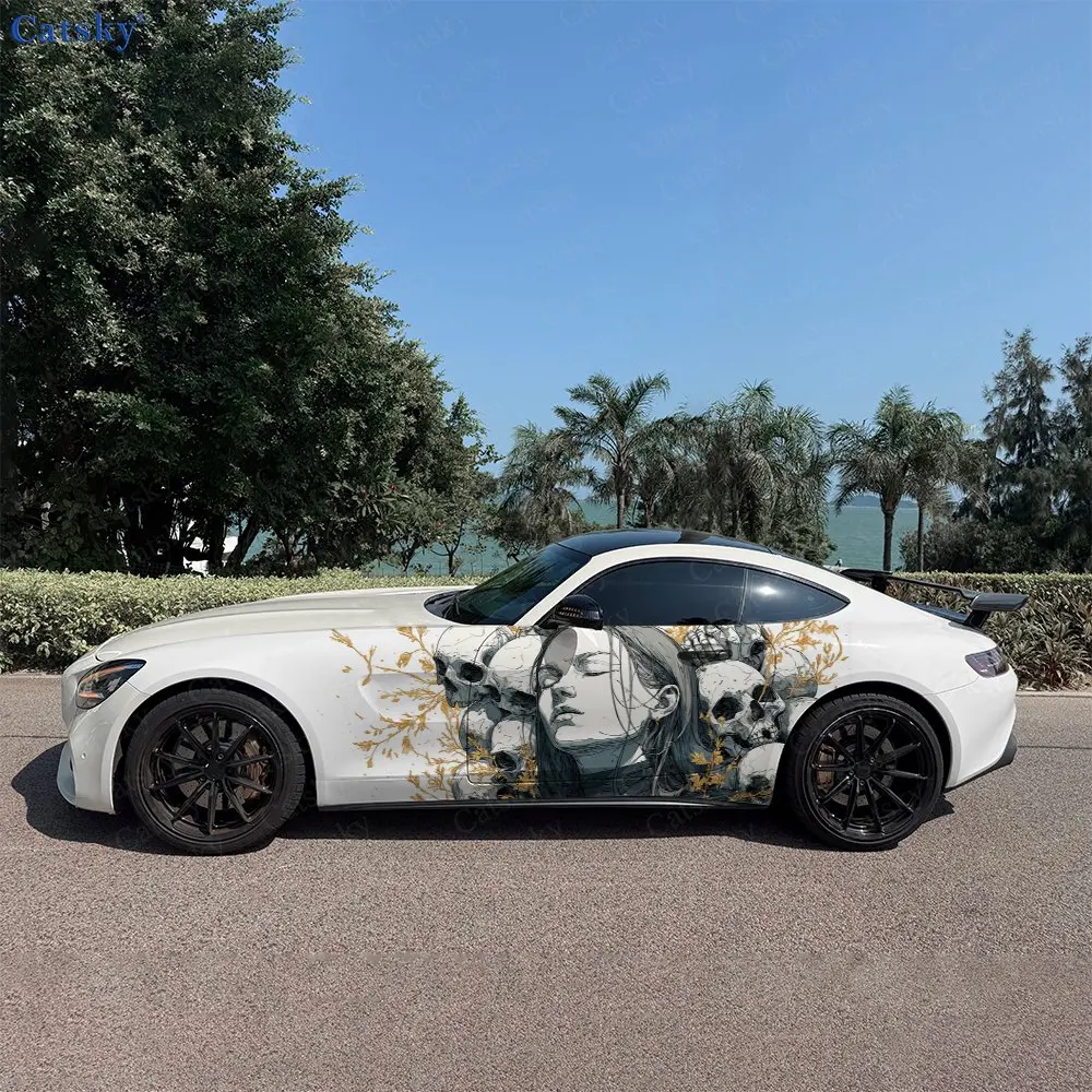 2pcs Twisted Branches with Calm Face Car Side Wrap, Self-Adhesive PVC Waterproof & Scratch-Resistant Sticker, Car Accessory Gift