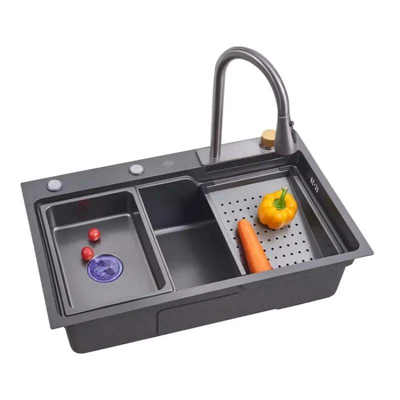 

Waterfall Multifunctional Kitchen Sink Single Bowl Stainless Steel Smart Kitchen Sink with Flying Rain Faucet