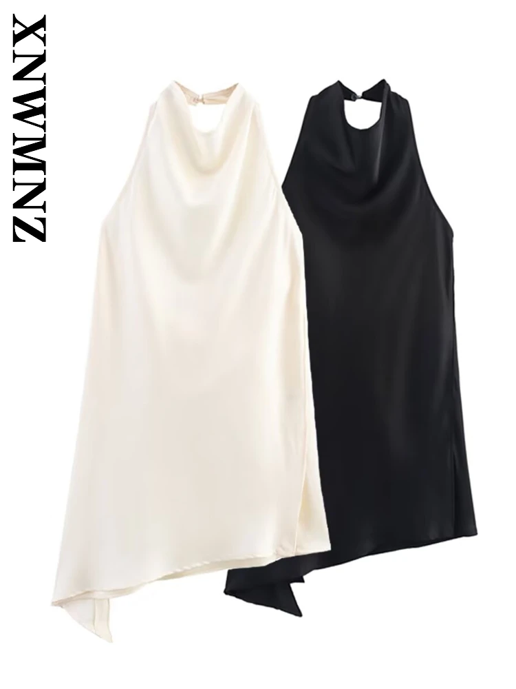 

XNWMNZ 2025 Summer New Women Clothing Fashion Sexy Sleeveless Halter Backless Satin Simple Chic Woman's Casual asymmetrical Tie