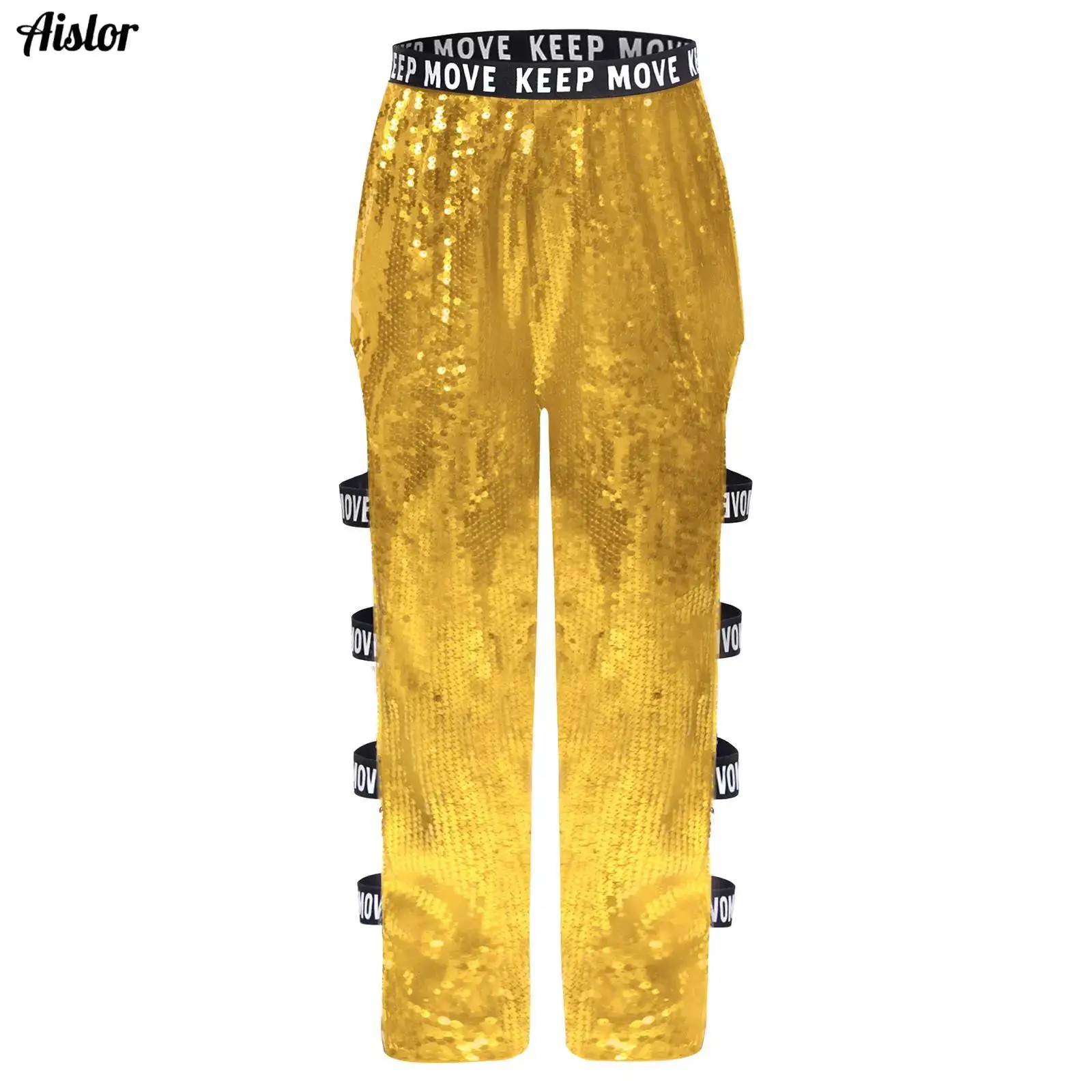 

Kids Girls Hip-Hop Jazz Dance Pants Glittery Sequin Cutout Elastic waistband Pants Carnival Stage Performance Costume Streetwear