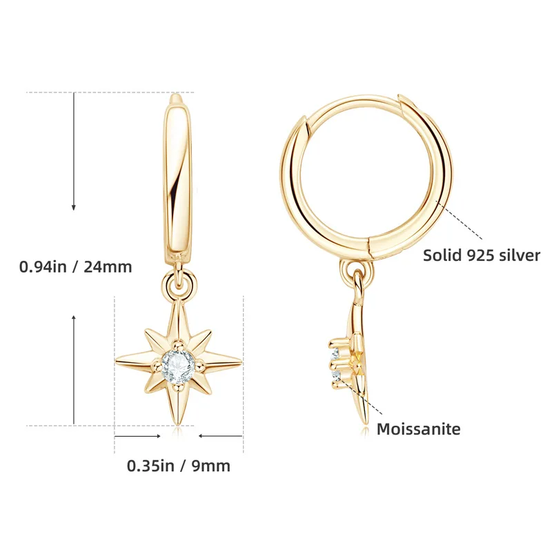 Trend New Hoops orecchini per donna 2.5mm Moissanite Star Starburst North-Star Real 925 Silver Charm Drop Earring Virgin Girl