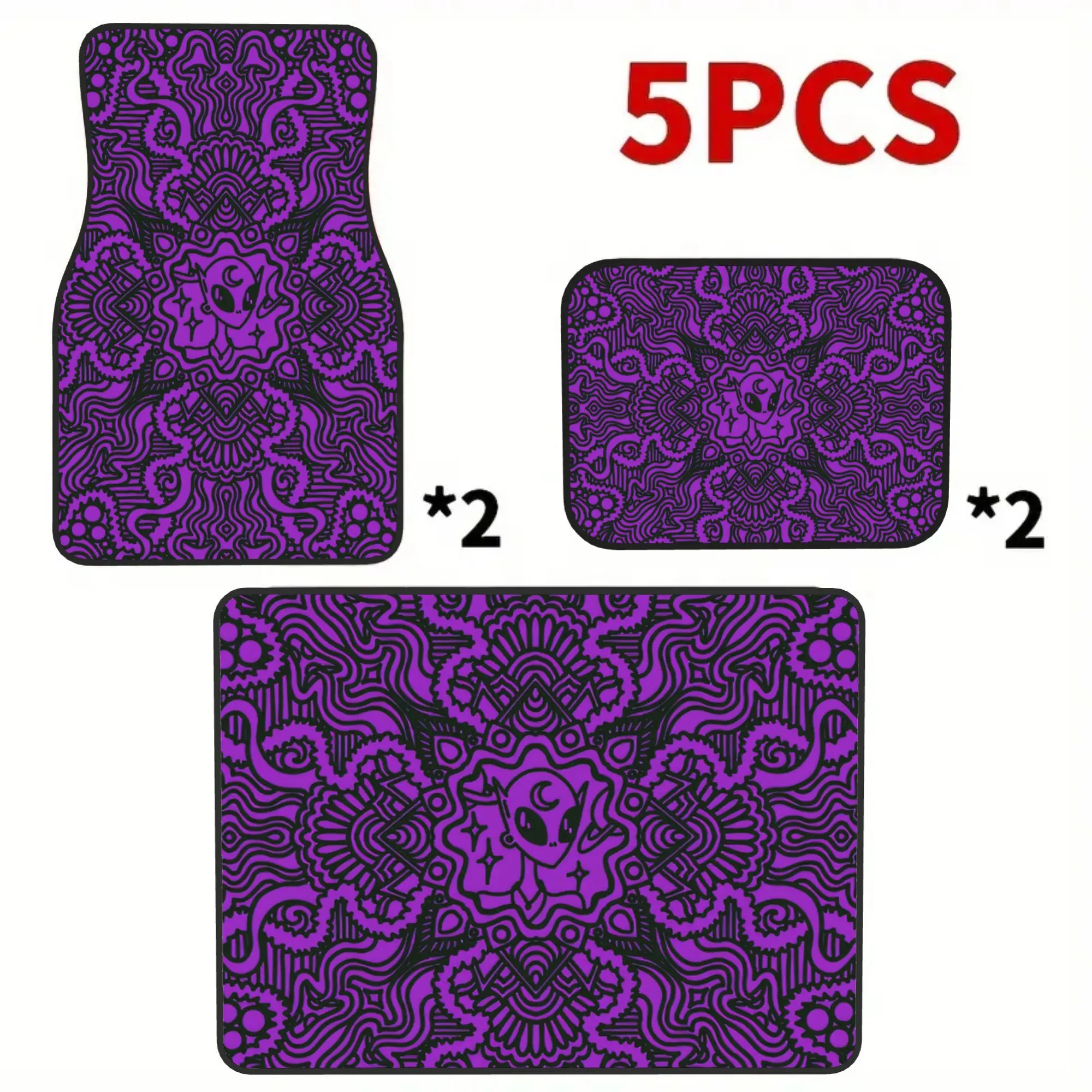 2D Flat 5pcs Alien Theme Car Floor Mats & Trunk Mat Set, 4 Floor Mats + 1 Trunk Liner, Enhance Vehicle Comfort, Black Friday Hal