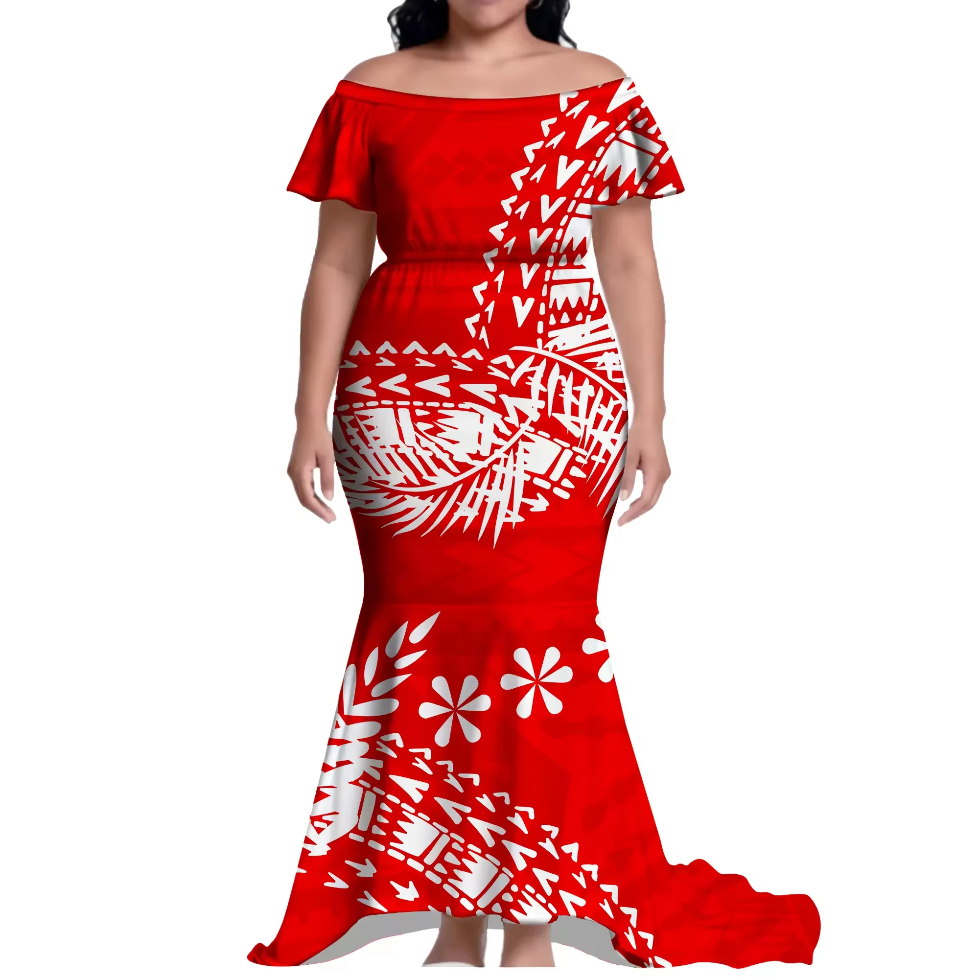 Factory Custom Polyensian Ladies off the Shoulder Short Sleeve Dress Tribal Floor Length Dress Plus Size Samoan Dress