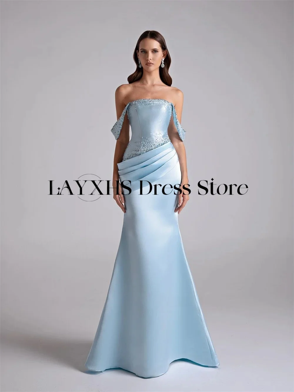 LAYXHS luxe perlé robe de soirée bleu hors de l'épaule sirène robe de bal robes de soirée personnalisées