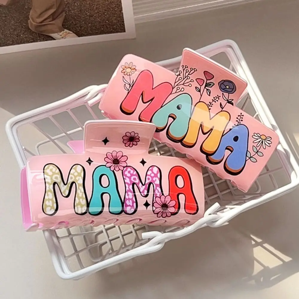 

Fashion Square MaMa Hair Claw Flora Print Retro Acetic Acid Shark Clip Colorful Ponytail Clip Geometry Hair Claw Party