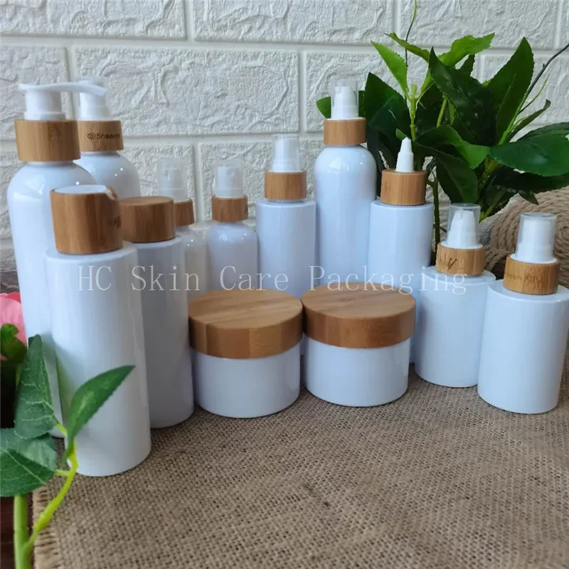 

Bamboo container clear/amber/frosted plastic bottles and cosmetic plastic cream White Empty Cosmetics Containers for Skinjar
