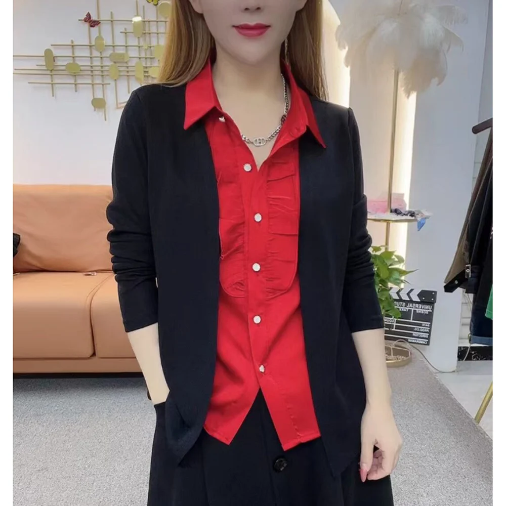 Fashion Splicing Blouse Women New Long Sleeve Fake Two Pieces Shirts Office Ladies Temperament Knited Cardigan Blaus Female Tops