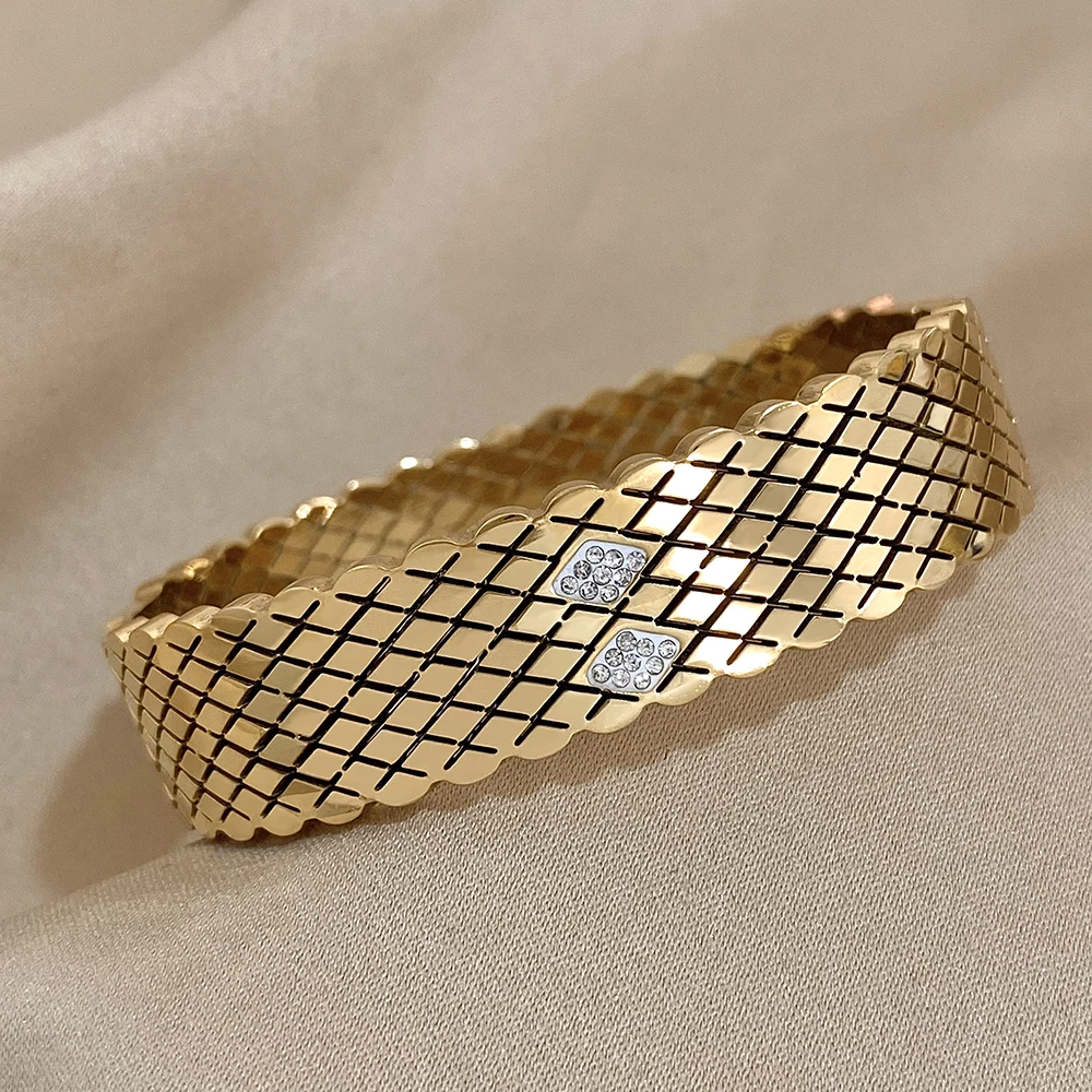 Greatera Inlaid Rhinestone Rhombus Stainless Steel Bracelets Bangles for Women Gold Plated Pulseras Waterproof Jewelry Gift