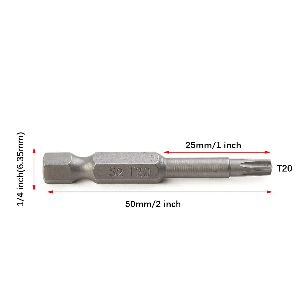 10 pçs 50mm longo torx t20 chave de fenda bit 1/4 Polegada hex haste hexágono lidar com t20 ponta magnética chaves de fenda broca ferramentas manuais