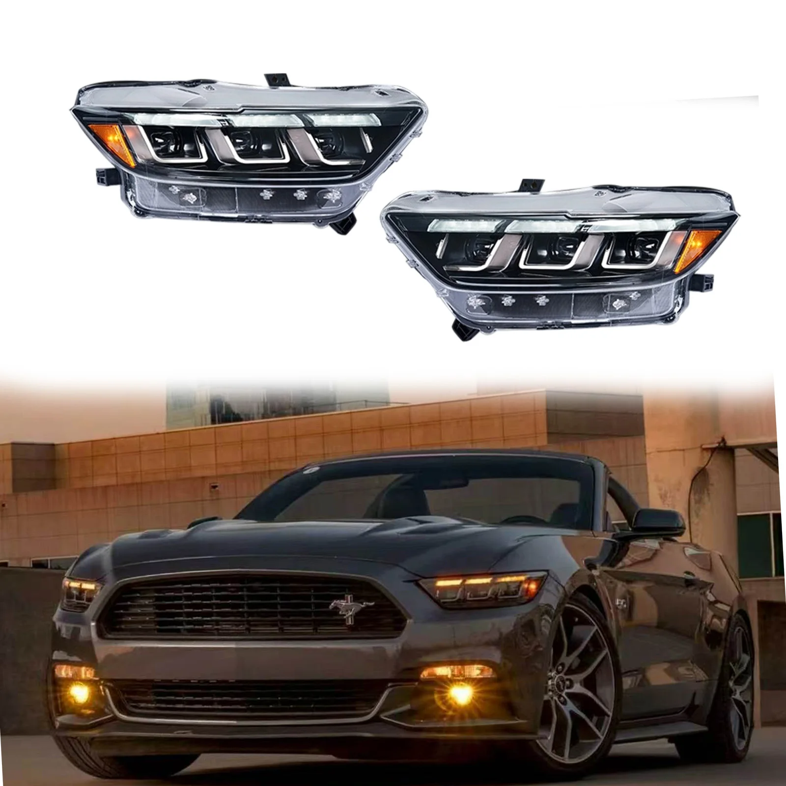 Headlight assembly For 2015-2016 2017 Ford Mustang with LED daytime running lights and lens headlights modification.