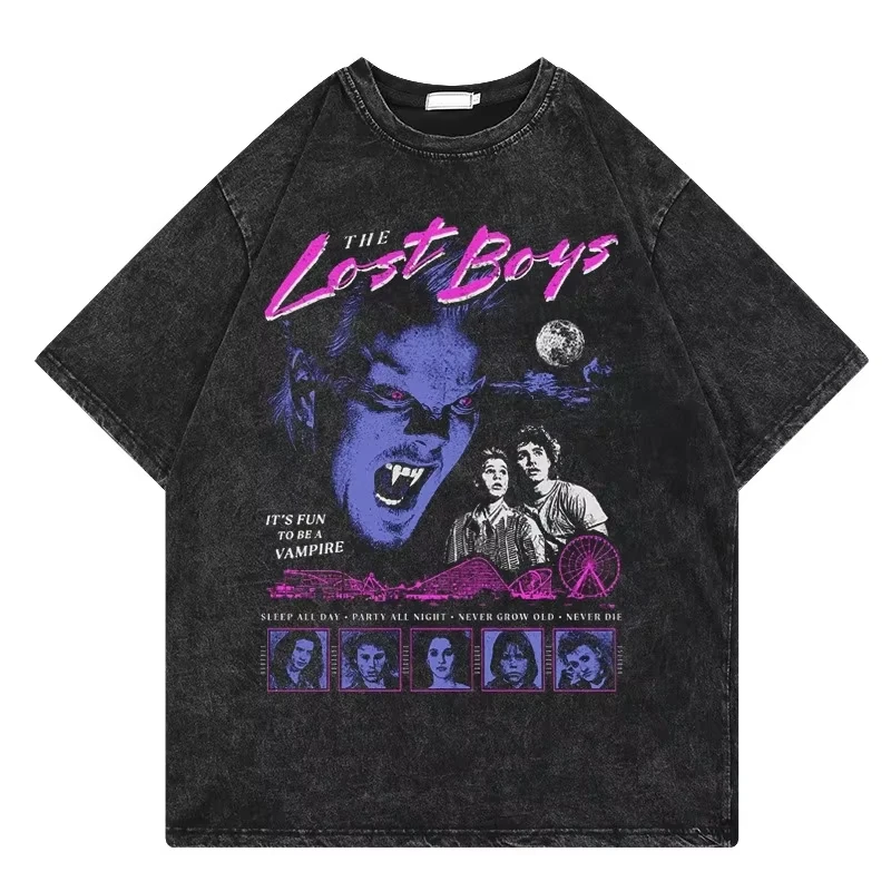 

2025 The Lost Boys Vintage Washed Tshirts Men Women Cotton T-Shirt Crewneck Santa Carla Vampires Film Tee Shirt Short Sleeve