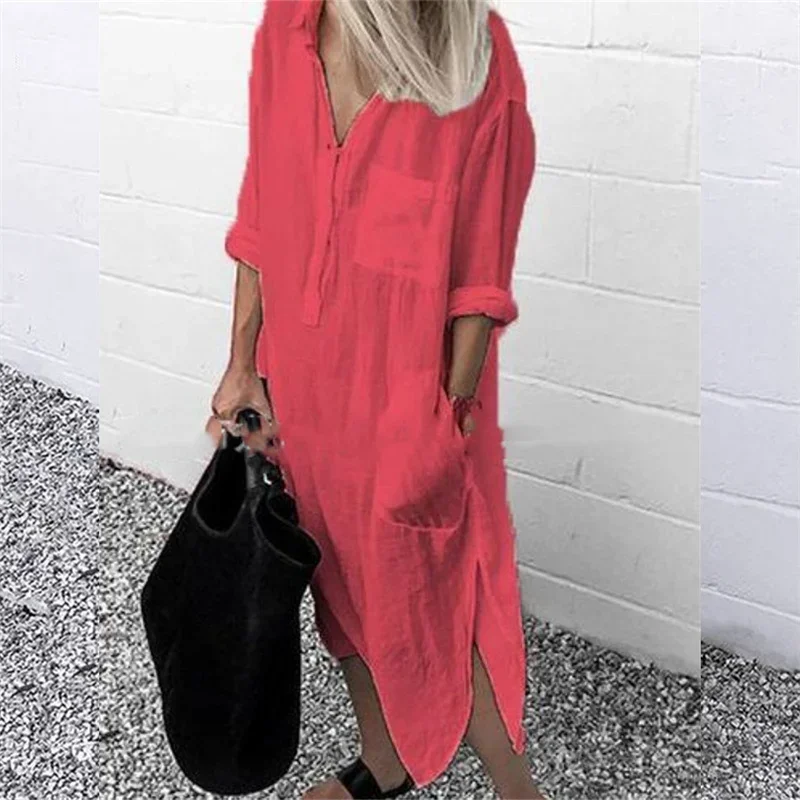 Frauen elegante Baumwolle Leinen einfarbige Kleider Sommer bequeme weibliche lässige Pendler Kleid Multi-Pocket Split Saum lose Kleid