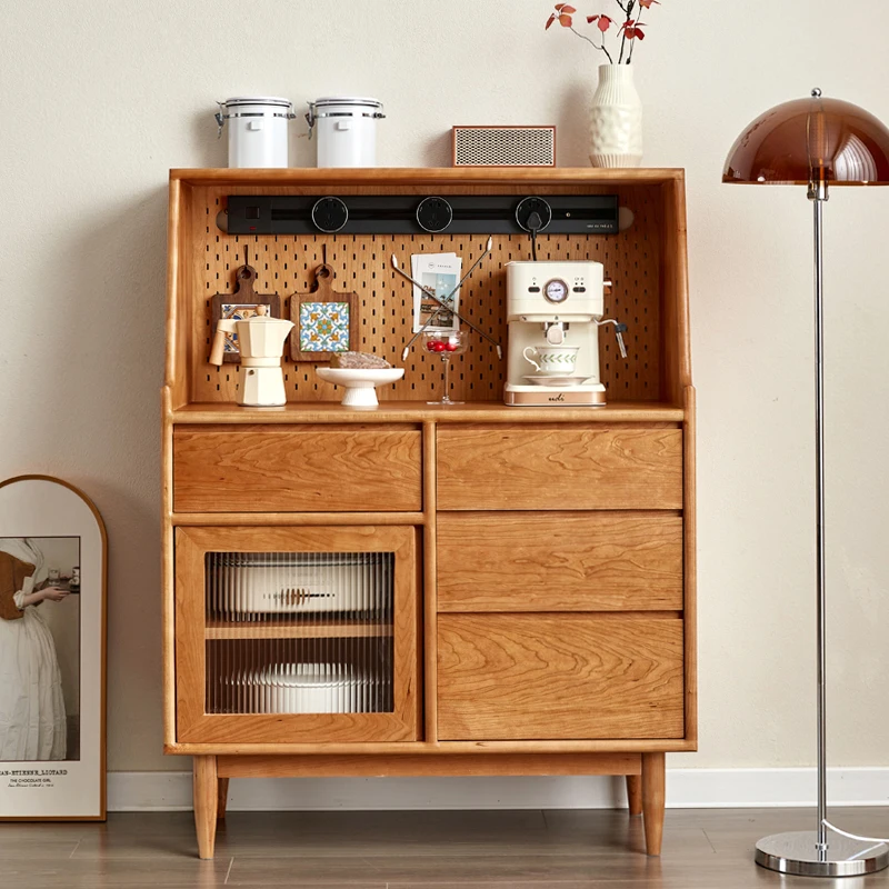 Solid Wood Sideboard Cabinet Coffee Machine Microwave Oven Natural Wood Multi-Functional Storage Cabinet