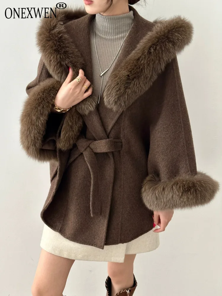 ONEXWEN Women Wrap Belted Double Faced Wool Coat Detachable Big Fur Hood Cuffs Short Woolen Jacket Winter Ladies Outerwear RU21