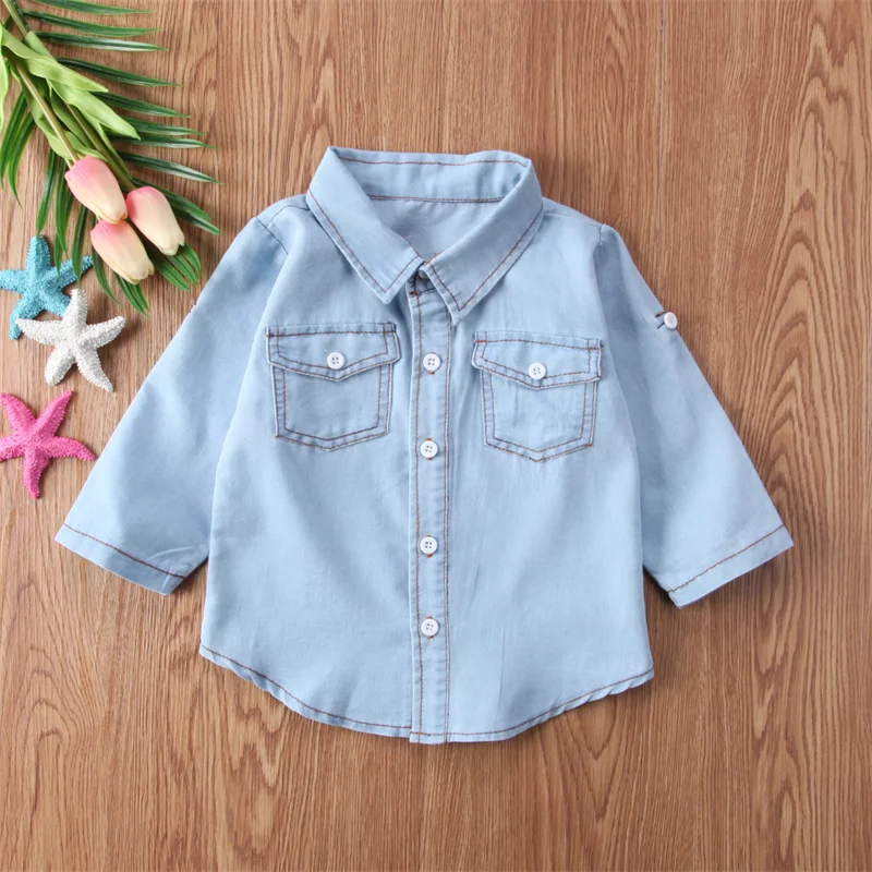 1-6Y Fashion Kids Boys Denim Shirts Casual Long Sleeve Lapel Pocket Blouse Children Casual Tops Boys Clothing