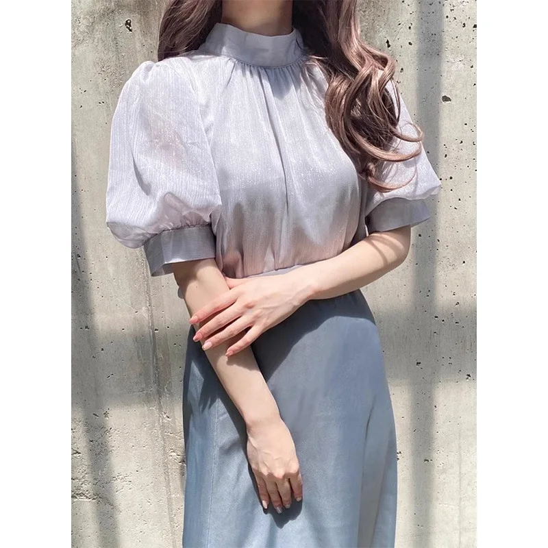 اليابانية جيراي كي جودة عالية مزاجه أنيقة قصيرة الأكمام القوس فقاعة كم الدانتيل يصل قميص لوليتا حفلة الهالوين تأثيري