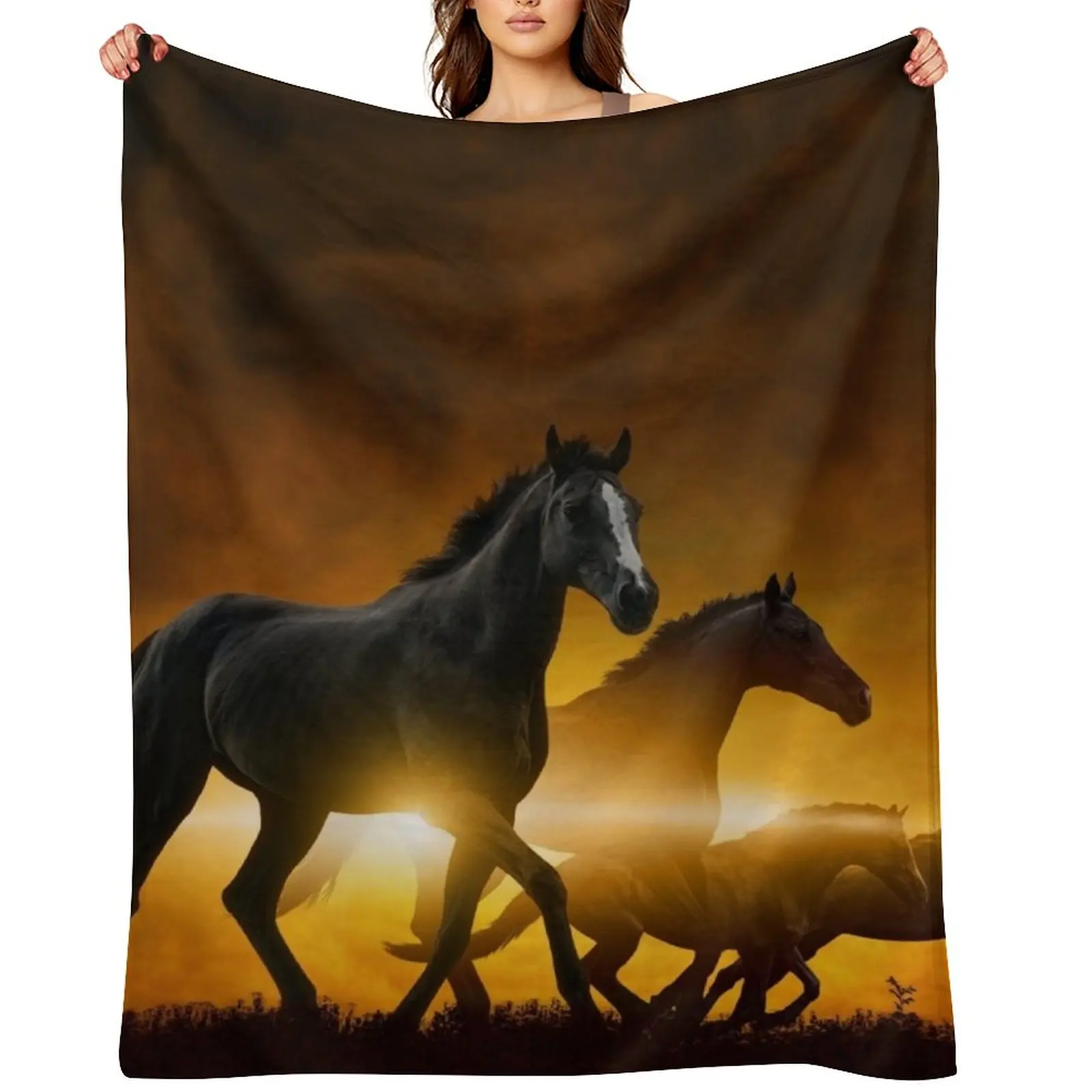 

Wild Black Horses Throw Blanket Large Custom Plaid on the sofa Luxury Brand Blankets