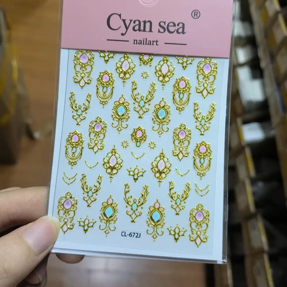 1Pcs 5D Gold Baroque Scepter Nail Stickers Pink Green Luxury Gemstone Nail Decals Self-Adhesive Retro Nail Art Decoration Slider