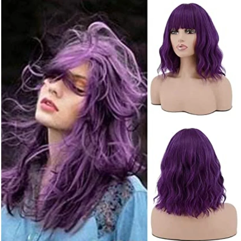 Short Wavy Purple Wigs for Women with Bangs Women Bob Curly Wig Synthetic Hair
