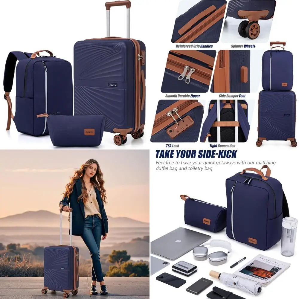 طقم أمتعة دوارة صلبة مكون من 3 قطع مع قفل TSA، مادة ABS، وحقائب بعجلات، تتضمن حقيبة حمل (20 بوصة)