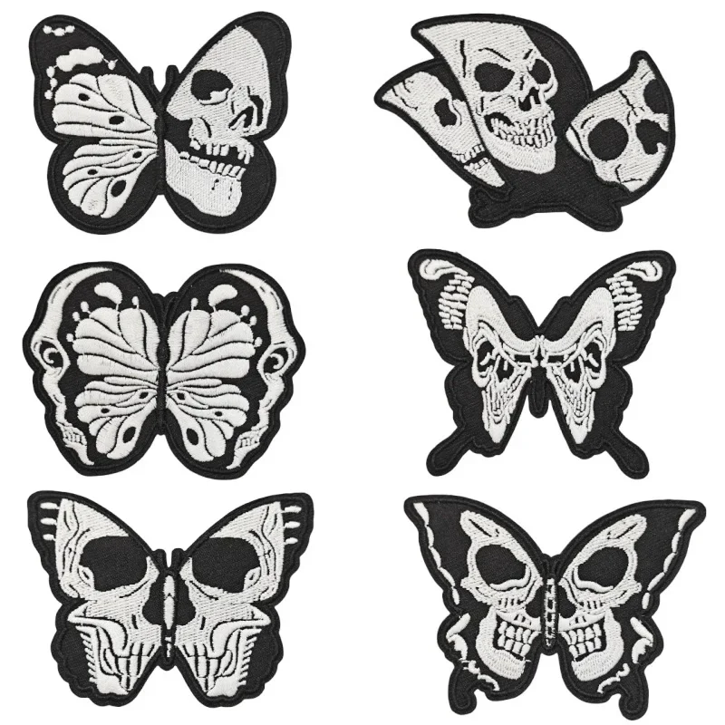 Punk Skull Embroidery Iron on Patches Skeleton Lovers Butterfly Badge Retro Bones Cloth Appliques for T-shirt Decor Fabric Logo