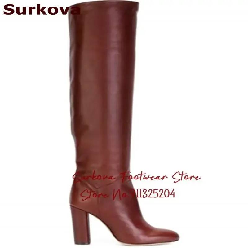 Surkova Brown Matte Leather Chunky Heel Over-the-knee Boots Round Toe Elegant Gladiator Thigh Boots Size46 Warm Dress Shoes