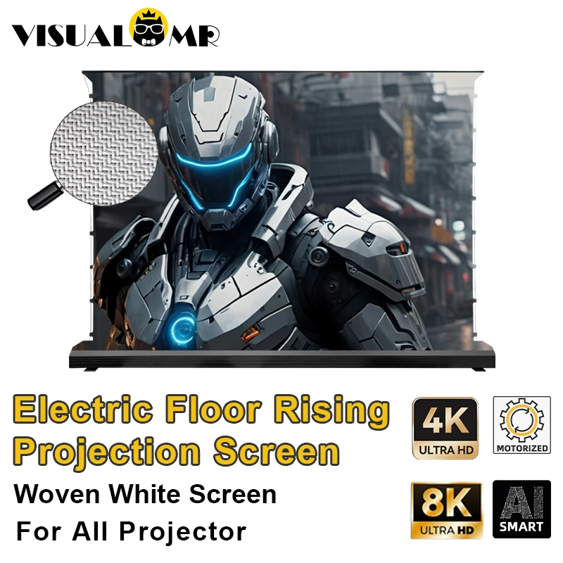 VisualMr Electric Floor Rising Projection Screen Tab-Tensioned Motorized 150inch Woven White 4K/8K for Tri-color Laser Projector