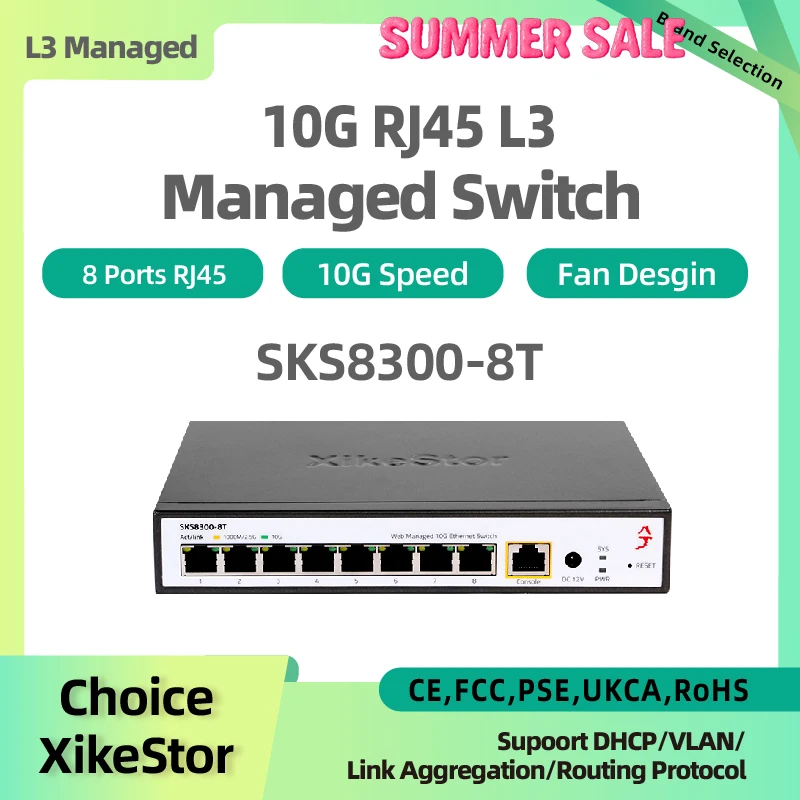 

XikeStor L3 Управляемый 8 портов 10G RJ45 Поддержка 1G/2,5G/10G Порт VLAN DHCP Агрегационная ссылка Агрегация Динамическая маршрутизация