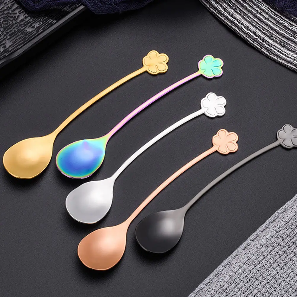 2Pcs Stainless Steel Coffee Spoon Gold Plated Thickened Rustproof Dessert Spoon Unique Four-Leaf for Home
