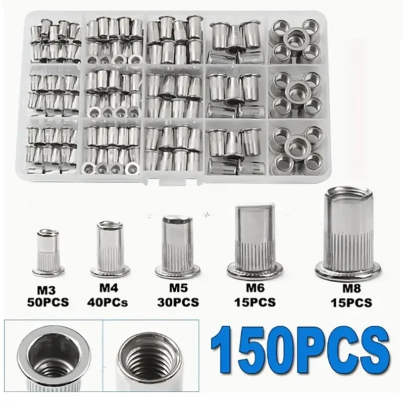 150Pcs/165pcs/230pcs Boxed Riveting Nut Color Zinc Plated American Riveting Nut Riveting Nut Set