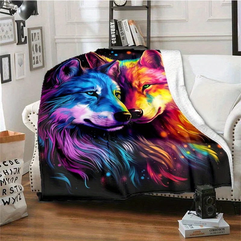 Luxurious Wolf Pair Throw Blanket Boho Fleece Cozy Decorative Animal Art Print Gift for Sofa Couch Decor