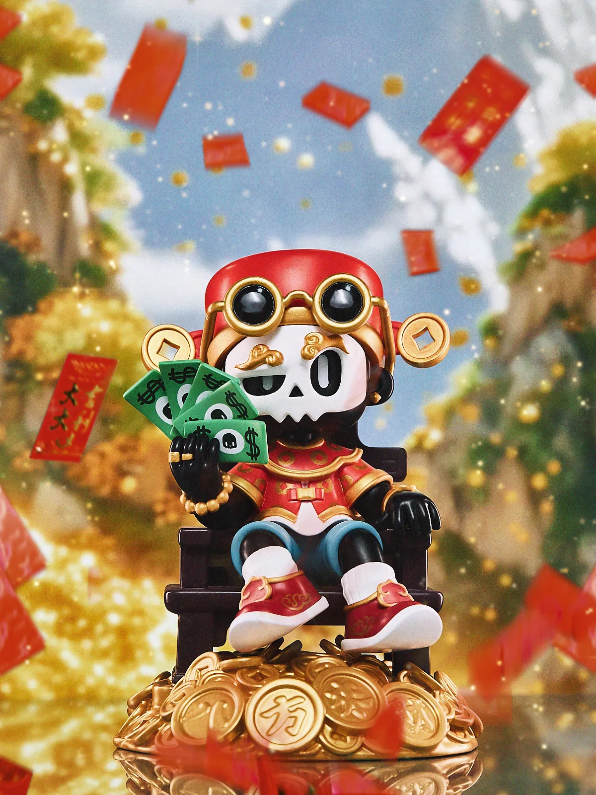 

"MR.BONE Chinese New Year Limited Edition Skull Figurine! Red & Gold Traditional Attire, Coins, Lucky Envelopes - Perfect Collec