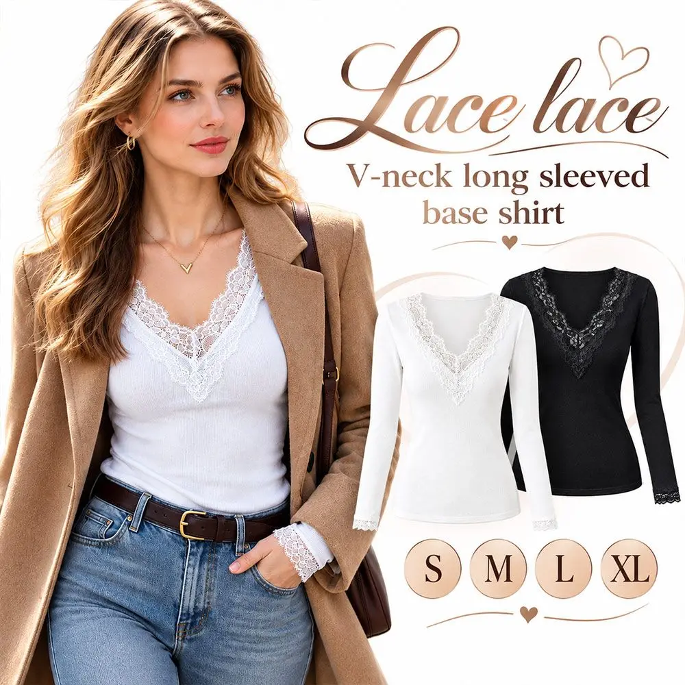 Solid Color V-Neck T-Shirt Scalloped Cuffs Stretch Slimming Long Sleeve Tee Lace Splicing Spring Autumn Knit Pullover Sweater