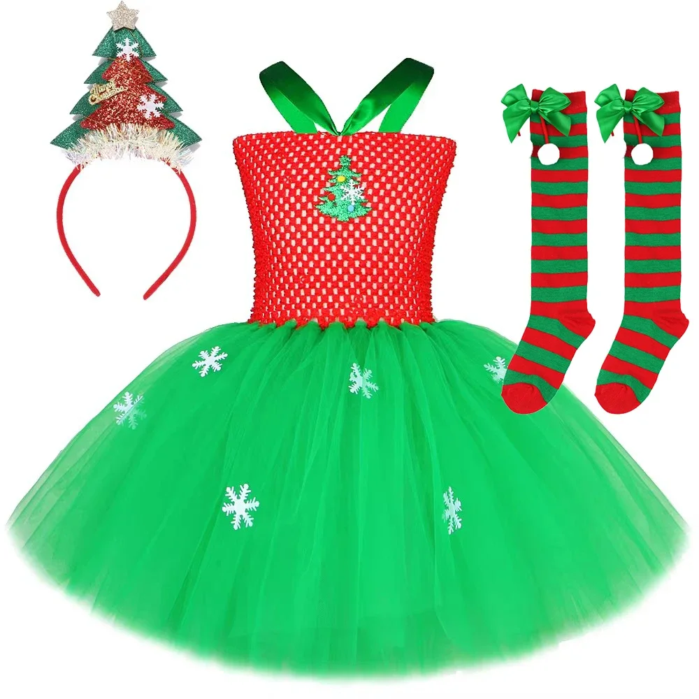 Vestido tutú de árbol de Navidad rojo y verde para niñas, disfraces de Carnaval de Navidad para niños, traje de vacaciones de Año Nuevo con medias con lazo para el pelo