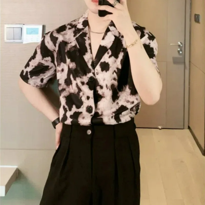 

Мужская летняя корейская модная винтажная уличная рубашка с принтом тай-дай, повседневная рубашка с лацканами и коротким рукавом, свободные топы из ледяного шелка, Camisas De Hombre