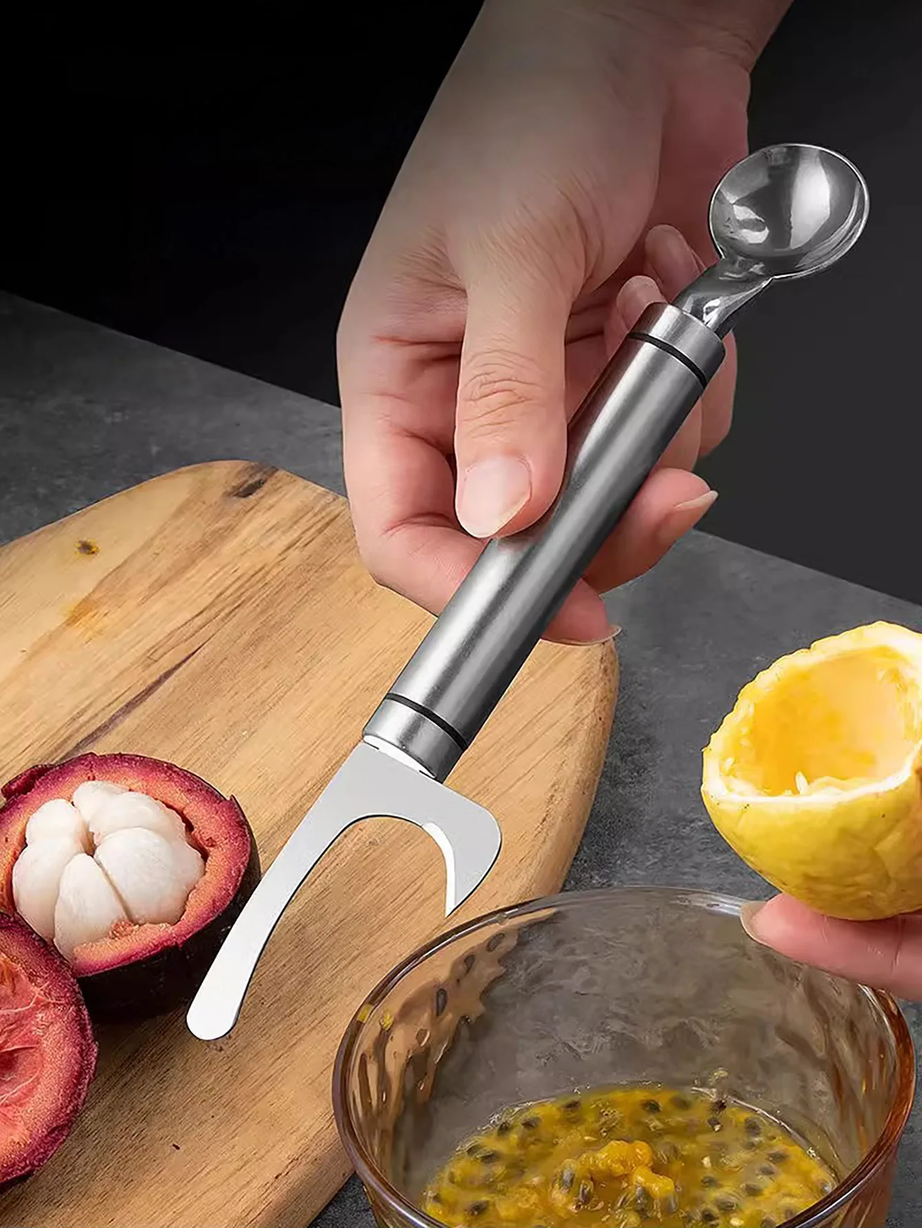 

2-in-1 Passion Fruit Opener, Stainless Steel Fruit Tool Set & Scoop for Mango/Mangosteen - Kitchen Gadget