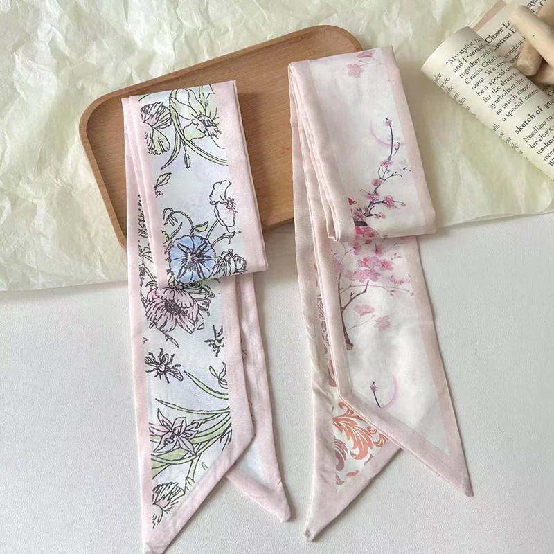 New Luxury Brand Small Silk Scarf Women Hair Band Bag Handbag Handle Ribbon Scarf Band Flowers Printing Neck Scarves Neckerchief image 3
