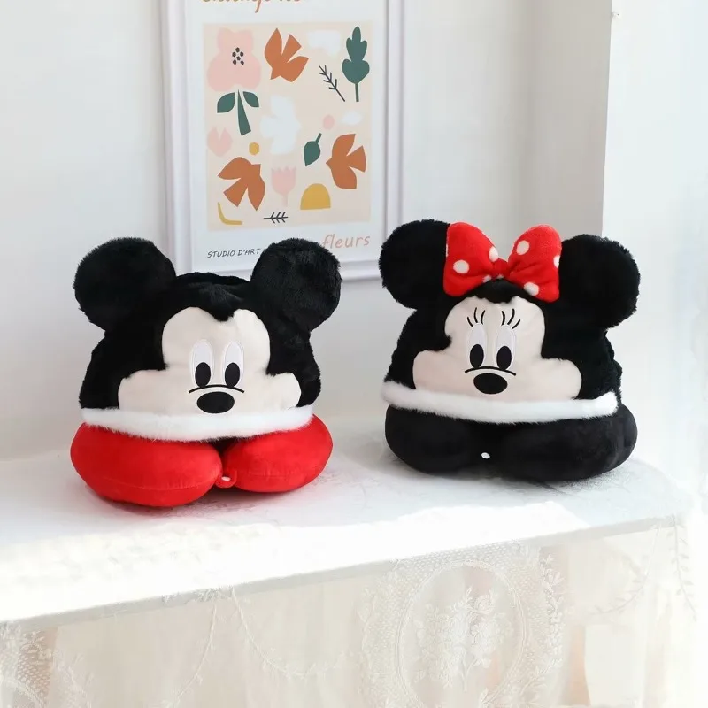 Disney Mickey Mouse Minnie Mouse U-shaped Neck Pillow Anime Cartoon Cute Plush Doll Travel Portable Office Nap Hooded Pillows