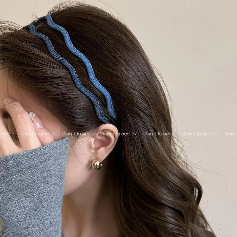 

Summer denim! Korean extremely fine wavy headband women wear simple temperament headband daily to press hair travel hairpin