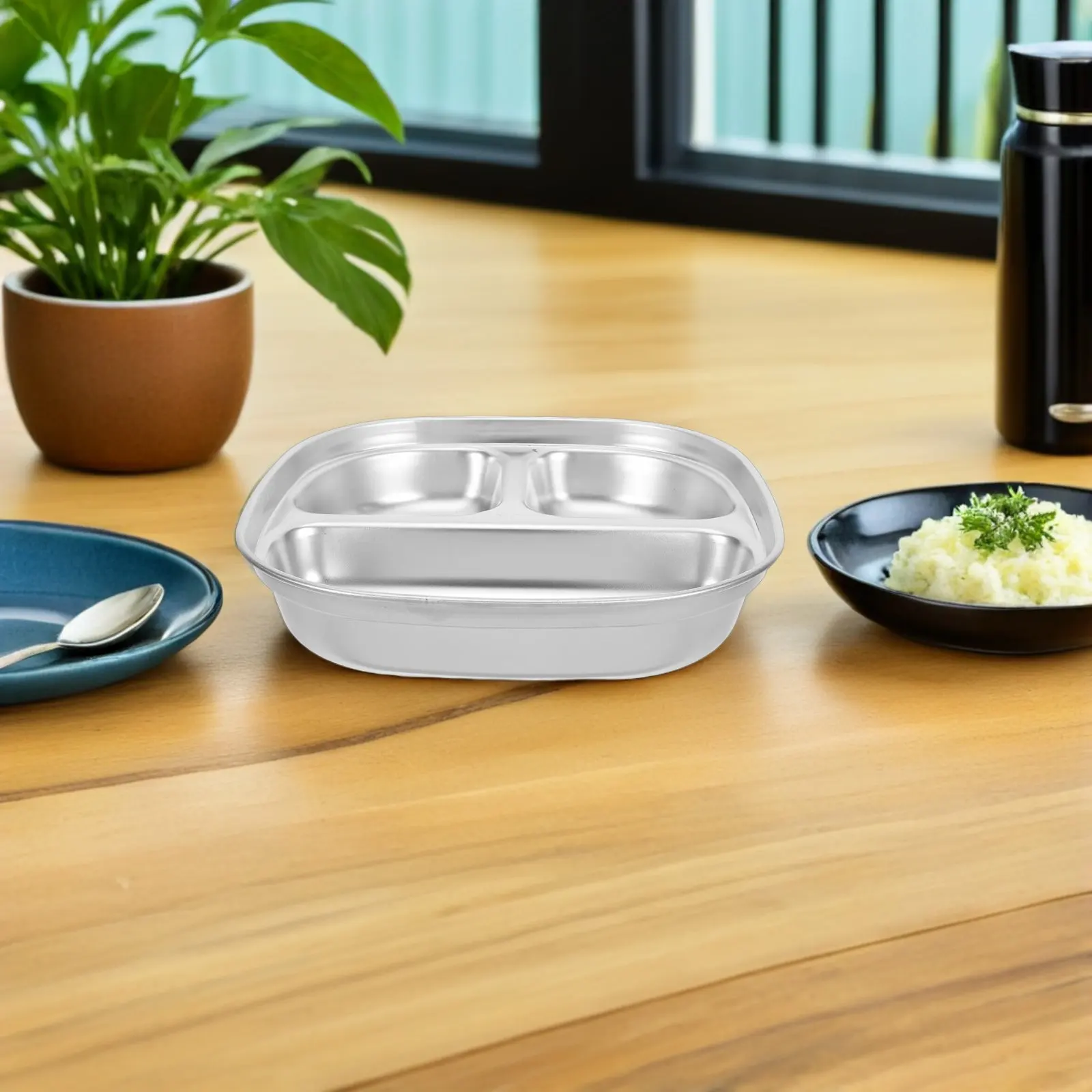 Stainless Steel 3-Compartment Divided Plate Portion Control Lunch Dinner Serving Tray Meal Plate for Balanced Nutrition
