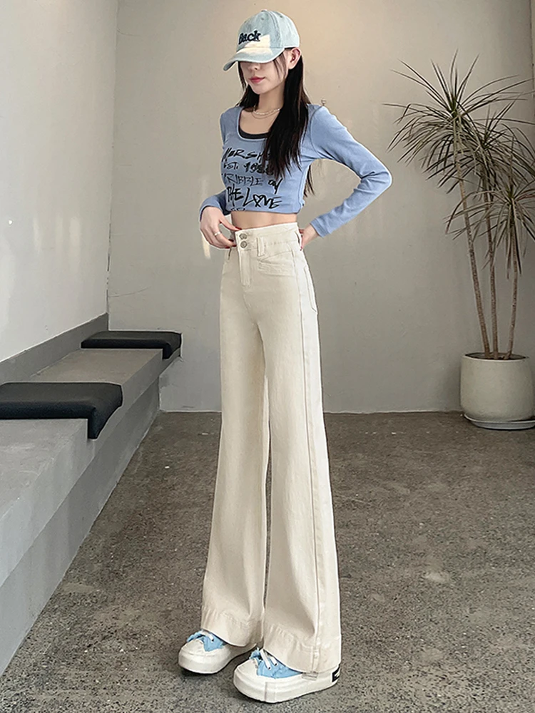 

High Waist Wide Leg Jeans Women's Spring Autumn High Waist Conceal Belly plus Size Bell Bottom Floor Length Pants