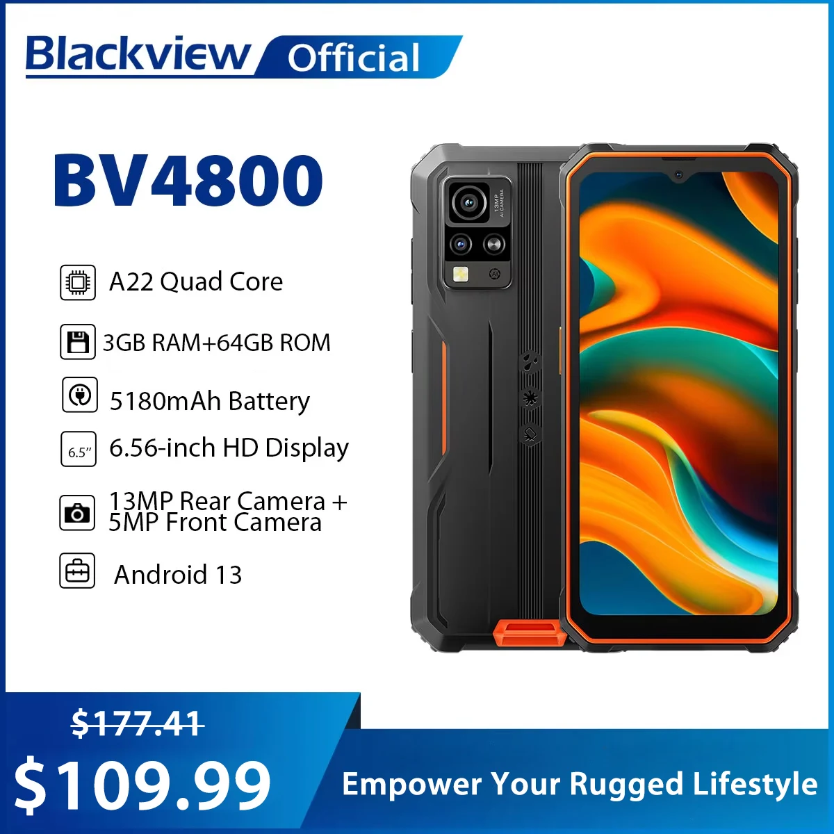 Blackview BV4800สมาร์ทโฟนที่ทนทาน6.56 ''จอแสดงผลHD A22 Quad Core 3GB 64GB 5180MAhแบตเตอรี่13MPกล้องAndroid 13โทรศัพท์