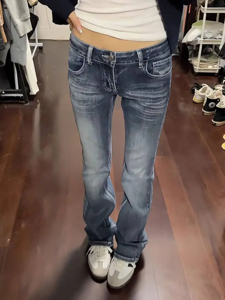 Low Waist Bell Bottom Denim Jeans Women's Spring Autumn Sexy Micro Flared Pants Bootcut Long Trousers Washed Blue Jeans