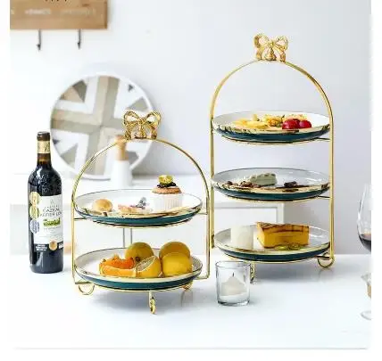 Nordic Simple Gold Double Layer Three Floors Banquet Table Fruit Tray Afternoon Tea Snack Dessert Cake Stand Exhibition Hall