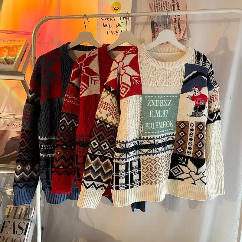 خمر النمط الأمريكي جولة الرقبة فضفاضة تناسب سترة عارضة عيد الميلاد الزخرفية سترة اليابانية العصرية الخريف/الشتاء لباس خارجي