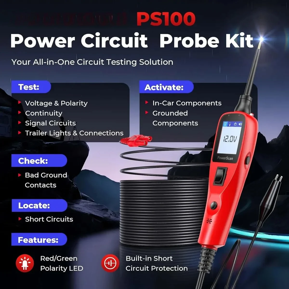 PS100 Power Circuit Probe Kit 12V 24V AC DC Digital Voltage Automotive Circuit Tester Car Diagnostic Test Tool