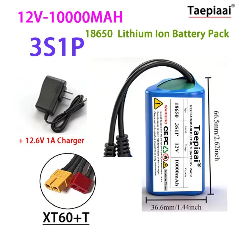 3S1P 18650 Li-Ion Battery Pack 12V 10Ah  Built-in BMS Large Capacity Safe Reliable with 12.6V Charger & Connectors