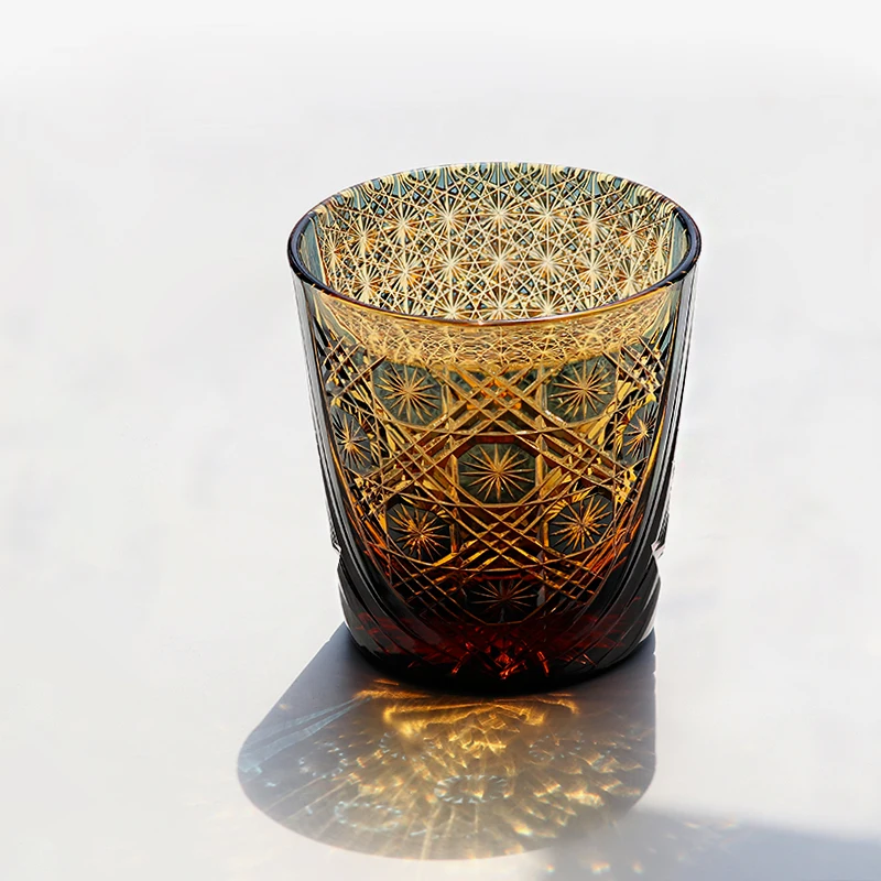 330ml 24% Lead Crystal Whiskey Glass Japanese Style Amber Bluish-green Edo Kiriko Cut Star Flower Cocktail Glass for Bar Party 6